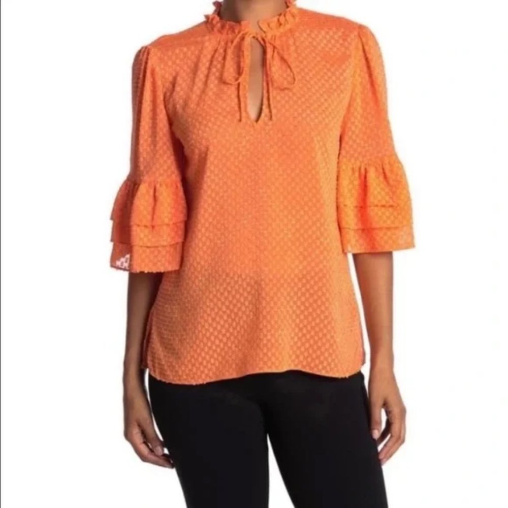 Like new! Alice + Olivia Orange Sheer Ruffled Sleeve Blouse Top Size Med…